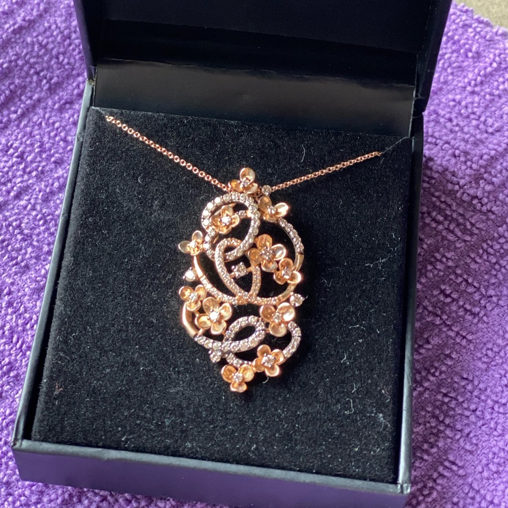 Levian 14K rose gold floral scroll necklace diamonds